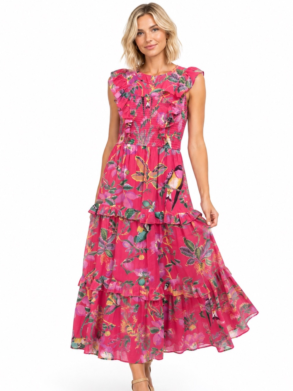 Banjanan Pink Tropical Bird Floral Smocked Ruffle Tiered Maxi Dress S
